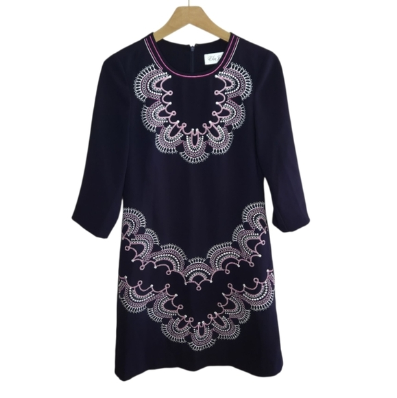 Eliza J | Navy Blue Pink White Embroidered Crepe Sheath Dress Size 4 - Picture 8 of 8